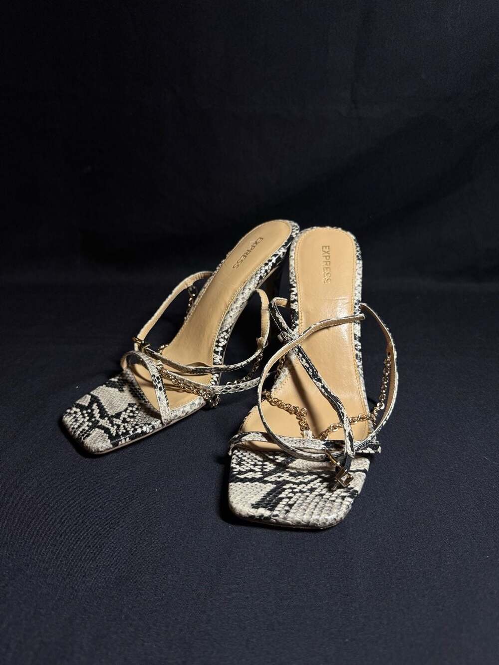 Express Snakeskin Print Strappy Heels Size 10 Chain Detail Stilettos